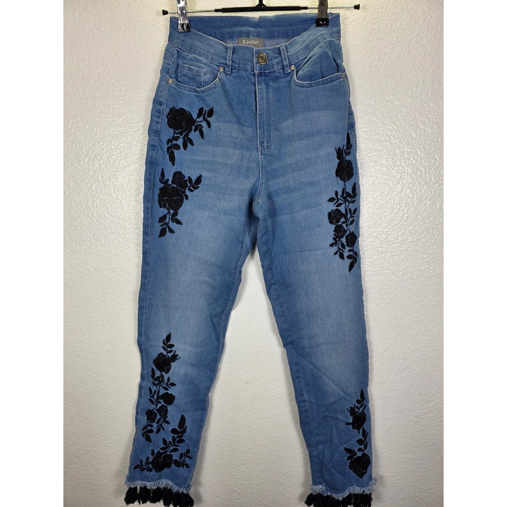 K. Jordan Women Blue Floral Embroidered Tassel Hem Skinny Jeans Size 4 Boho Rose